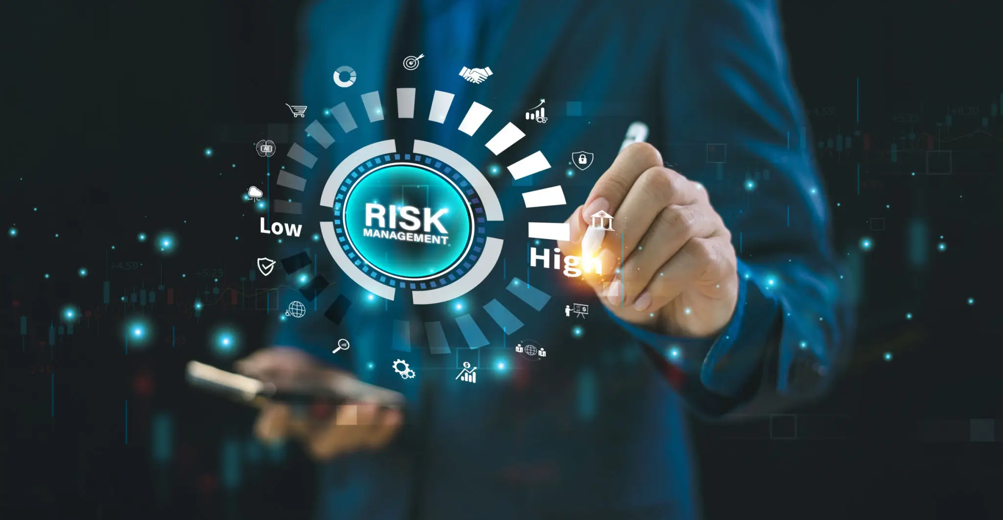 Businessman analyzing risk levels digitally